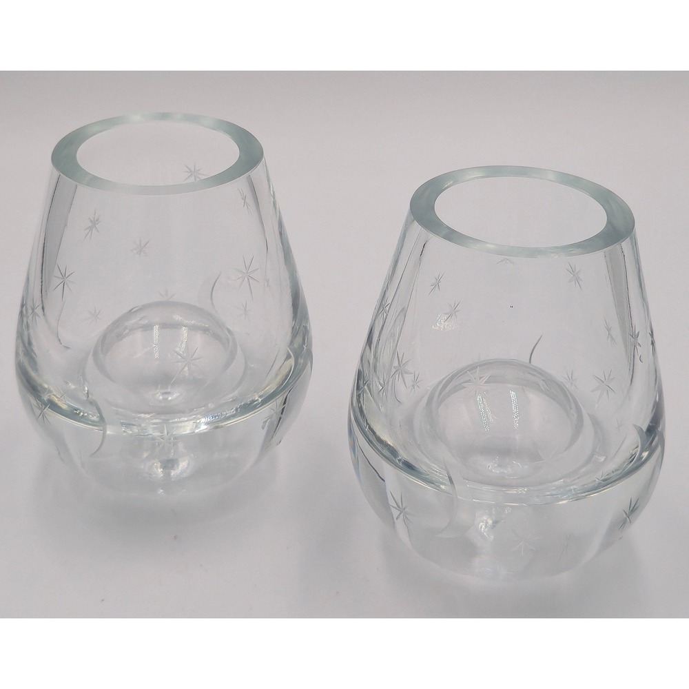 Vintage PartyLite Starbright Clear Etched Glass Celestial Moon Star Votive Pair